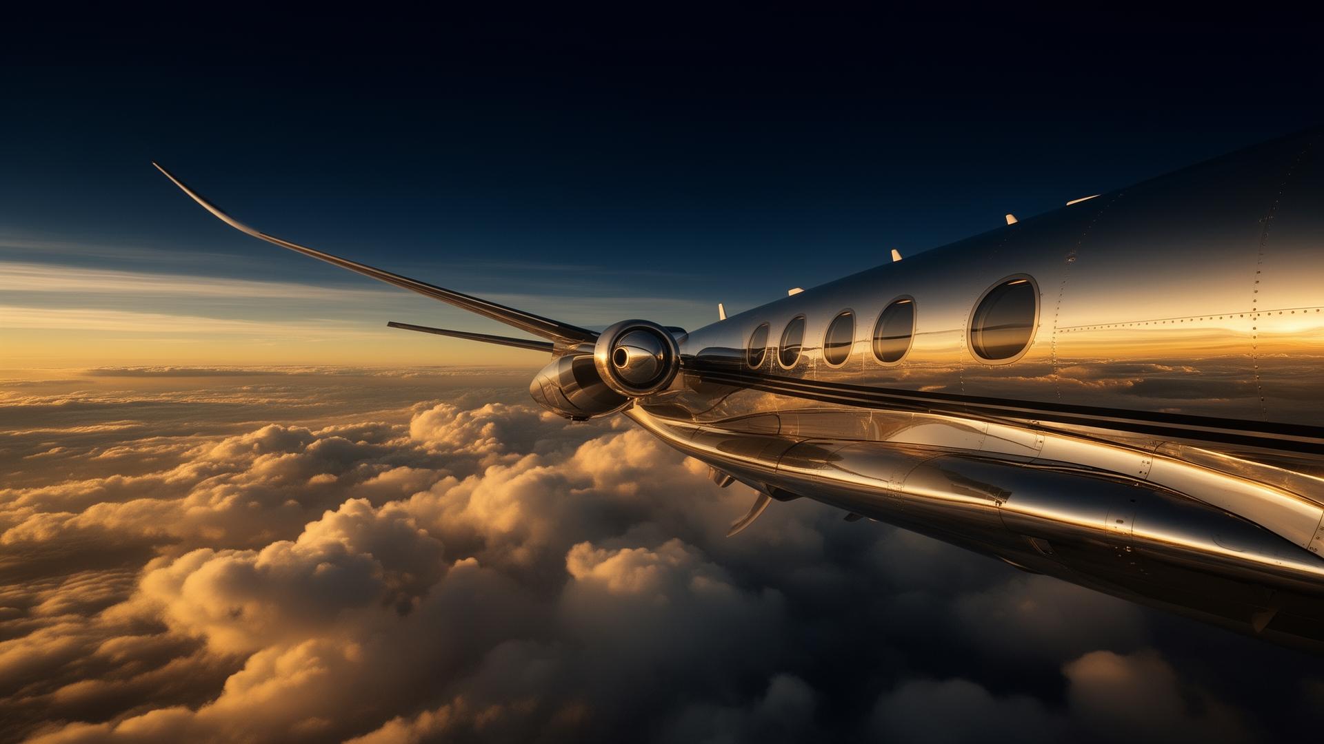 Private jet wing above the clouds at golden hour