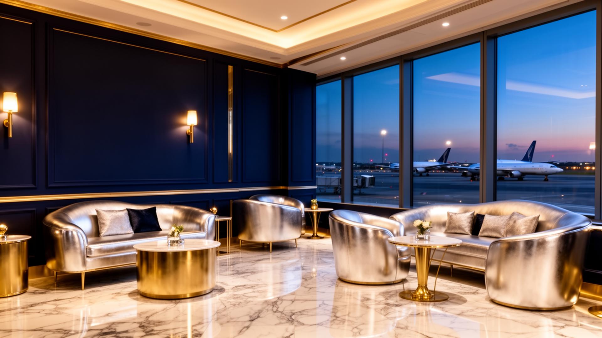 Premium airport lounge with marble and gold accents